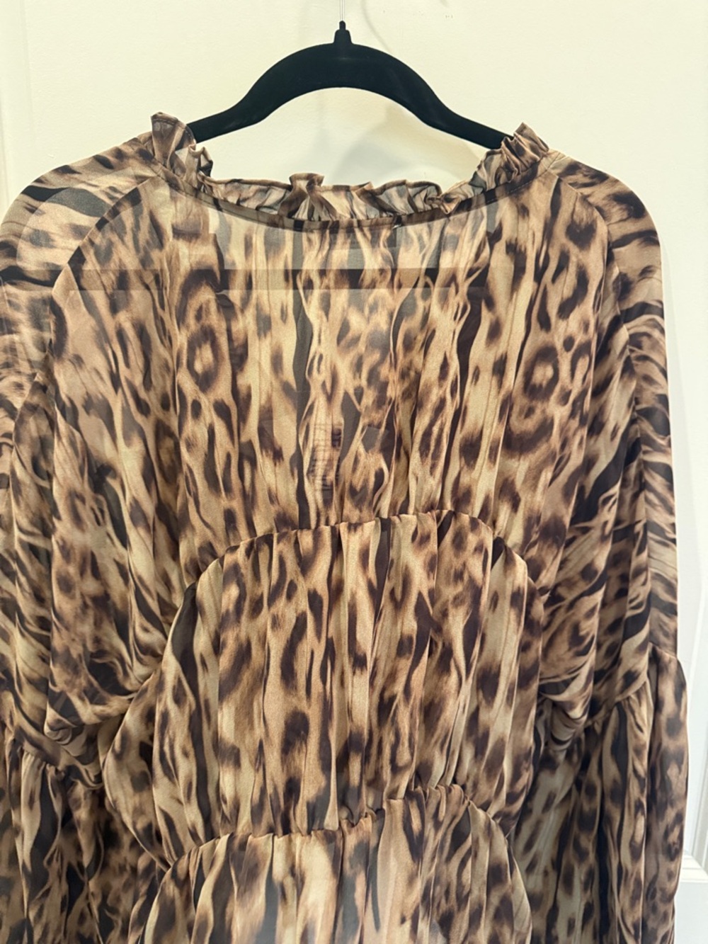 12th Tribe Leopard Print Ruffled V-Neck Blouse in Brown and Tan - Picture 14 of 16